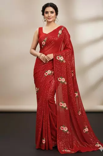 Red Color Sequins Work And Multi Thread Embroidery Work Georgette Saree 