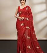 Red Color Sequins Work And Multi Thread Embroidery Work Georgette Saree 