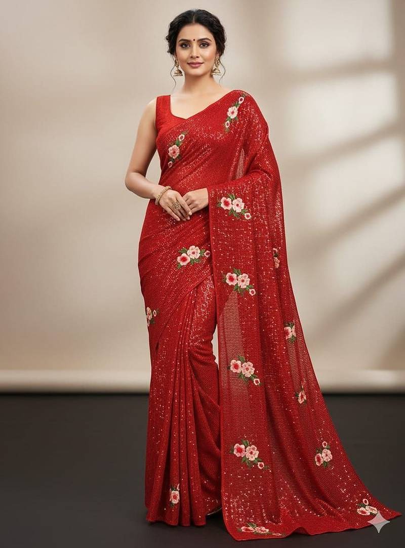 Red Color Sequins Work And Multi Thread Embroidery Work Georgette Saree 