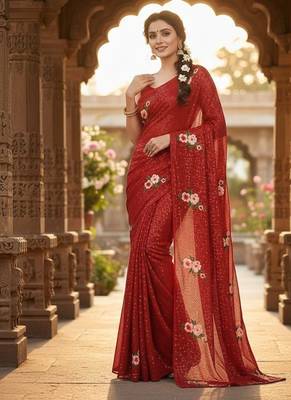 Red Color Sequins Work And Multi Thread Embroidery Work Georgette Saree  2