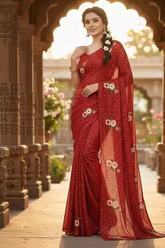 Red Color Sequins Work And Multi Thread Embroidery Work Georgette Saree 