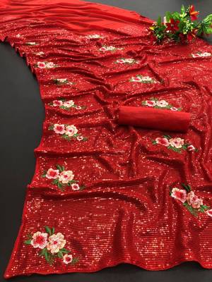 Red Color Sequins Work And Multi Thread Embroidery Work Georgette Saree  3