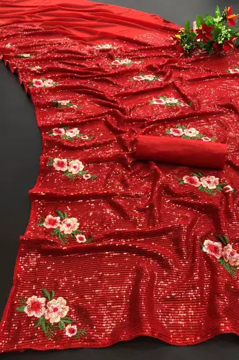 Red Color Sequins Work And Multi Thread Embroidery Work Georgette Saree 