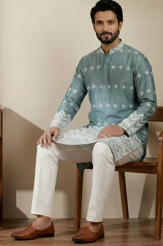 Aqua blue designer festive wear satin kurta-pajama
