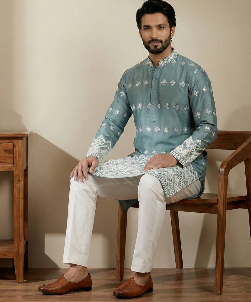 Aqua blue designer festive wear satin kurta-pajama