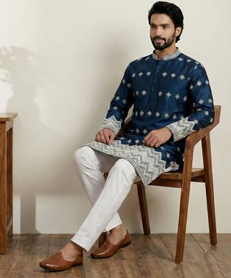 Navy blue designer festive wear satin kurta-pajama 4