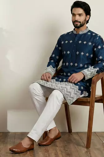 Navy blue designer festive wear satin kurta-pajama