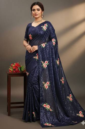 Blue Color Sequins Work And Multi Thread Embroidery Work Georgette Saree 