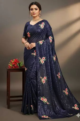 Blue Color Sequins Work And Multi Thread Embroidery Work Georgette Saree 