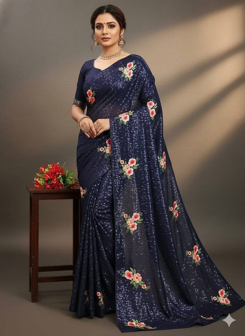 Blue Color Sequins Work And Multi Thread Embroidery Work Georgette Saree 