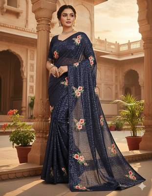Blue Color Sequins Work And Multi Thread Embroidery Work Georgette Saree  2
