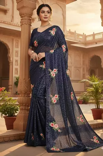 Blue Color Sequins Work And Multi Thread Embroidery Work Georgette Saree 