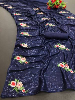 Blue Color Sequins Work And Multi Thread Embroidery Work Georgette Saree  3