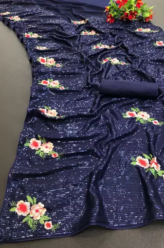 Blue Color Sequins Work And Multi Thread Embroidery Work Georgette Saree 