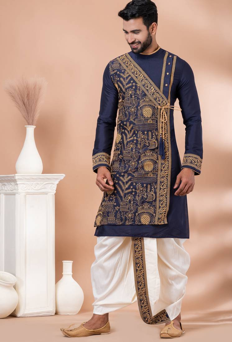 Navy blue designer festive wear viscose kurta-pajama