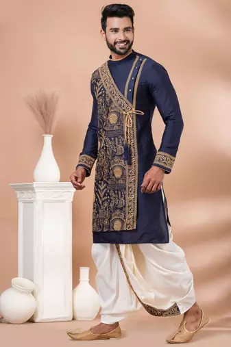 Navy blue designer festive wear viscose kurta-pajama