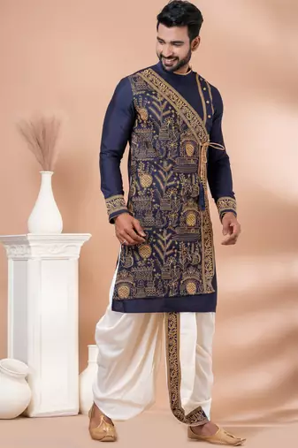 Navy blue designer festive wear viscose kurta-pajama