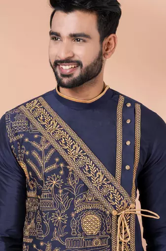 Navy blue designer festive wear viscose kurta-pajama