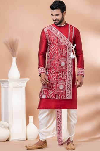 Red designer festive wear viscose kurta-pajama