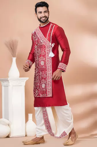 Red designer festive wear viscose kurta-pajama