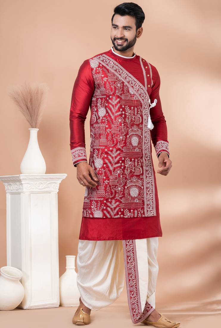 Red designer festive wear viscose kurta-pajama