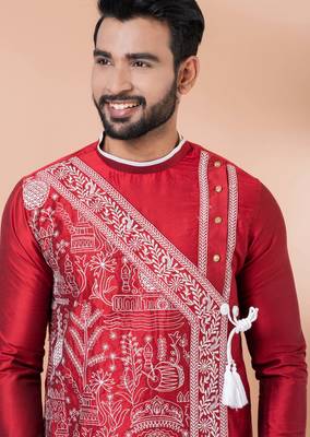 Red designer festive wear viscose kurta-pajama 4
