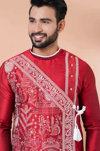 Red designer festive wear viscose kurta-pajama