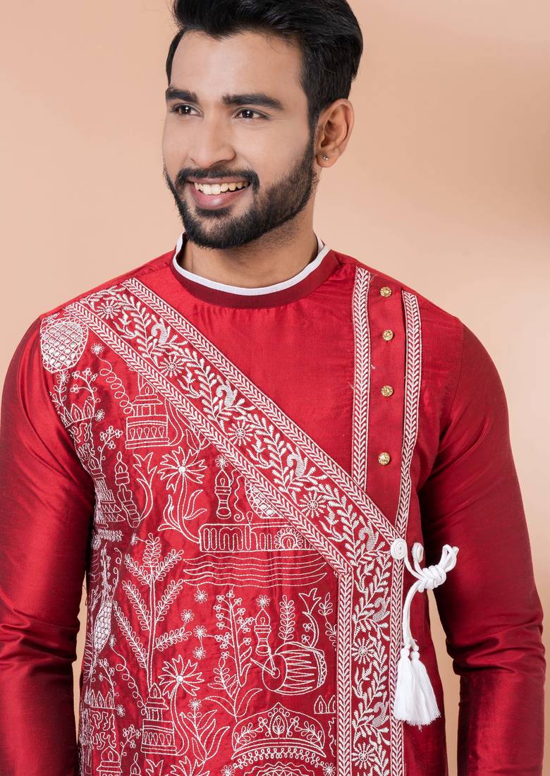 Red designer festive wear viscose kurta-pajama