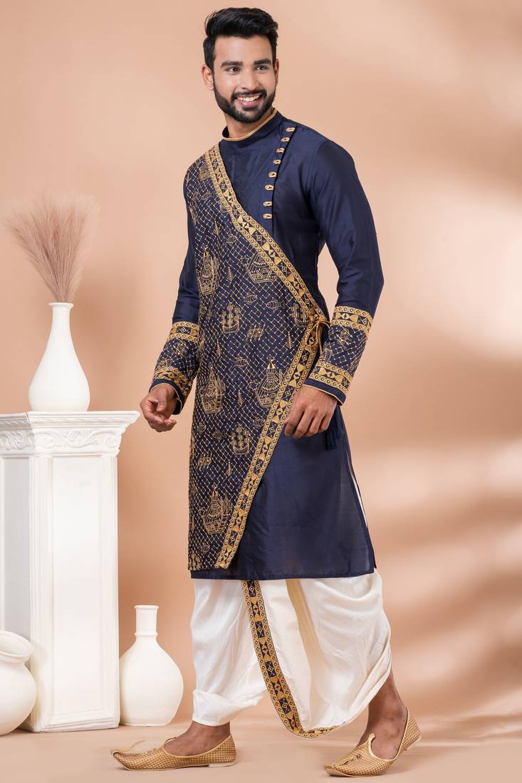 Navy blue designer festive wear viscose kurta-pajama