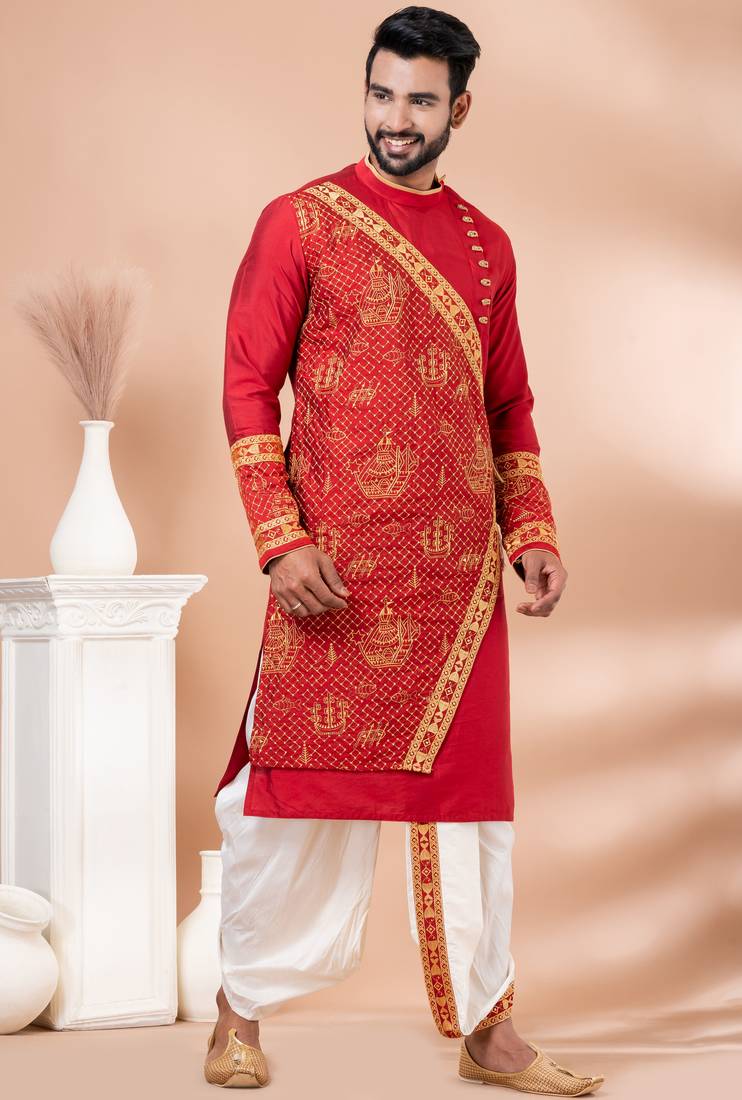 Red designer festive wear viscose kurta-pajama
