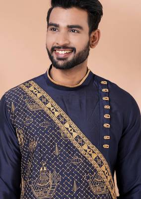 Navy blue designer festive wear viscose kurta-pajama 3