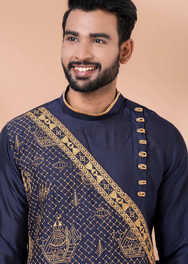 Navy blue designer festive wear viscose kurta-pajama