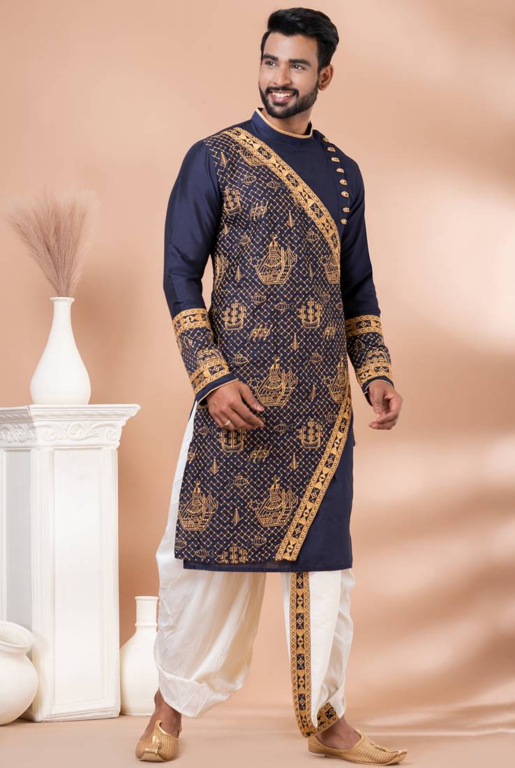 Navy blue designer festive wear viscose kurta-pajama