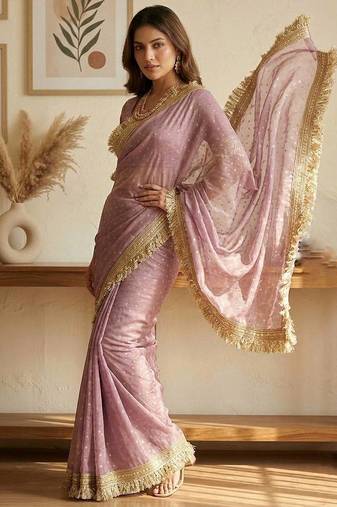 Onion Pink Color Jari Woven Butti Work Moss Silk Saree