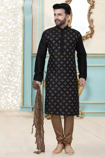 Black designer festive wear dupion silk kurta-pajama