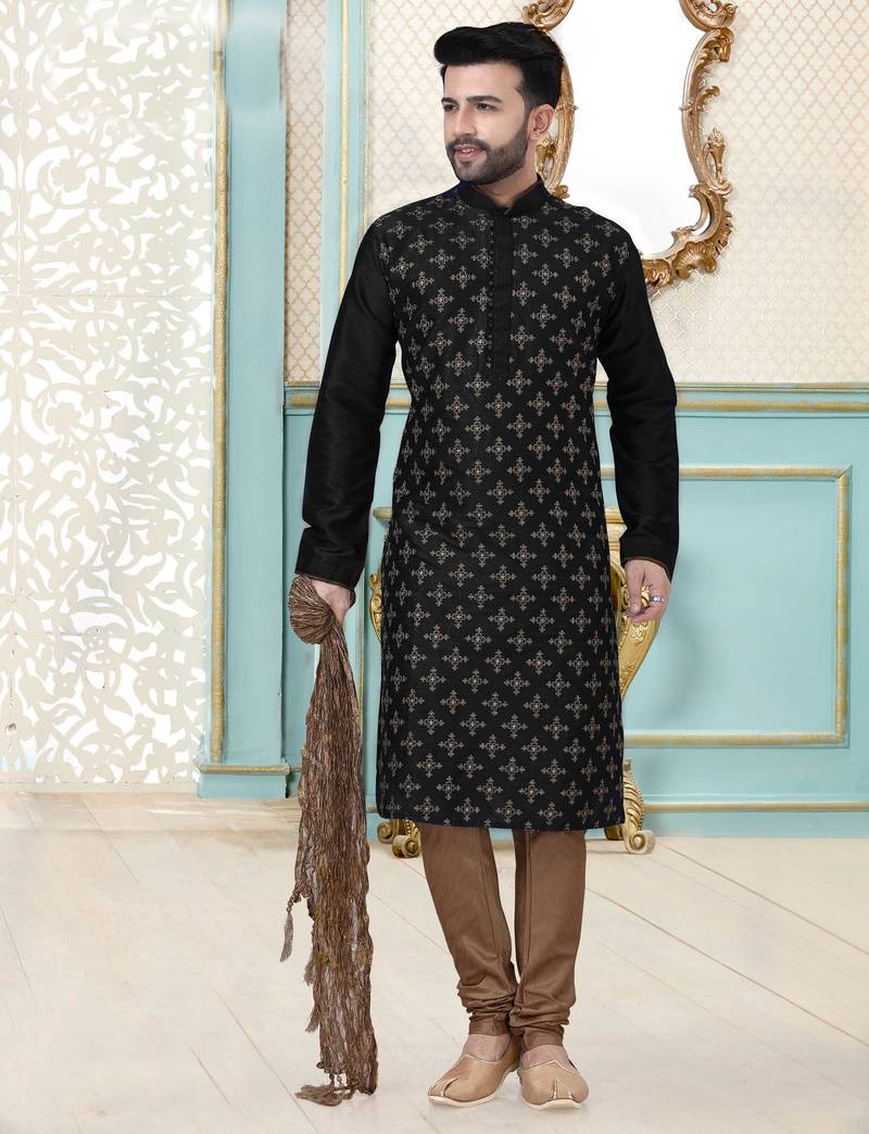 Black designer festive wear dupion silk kurta-pajama