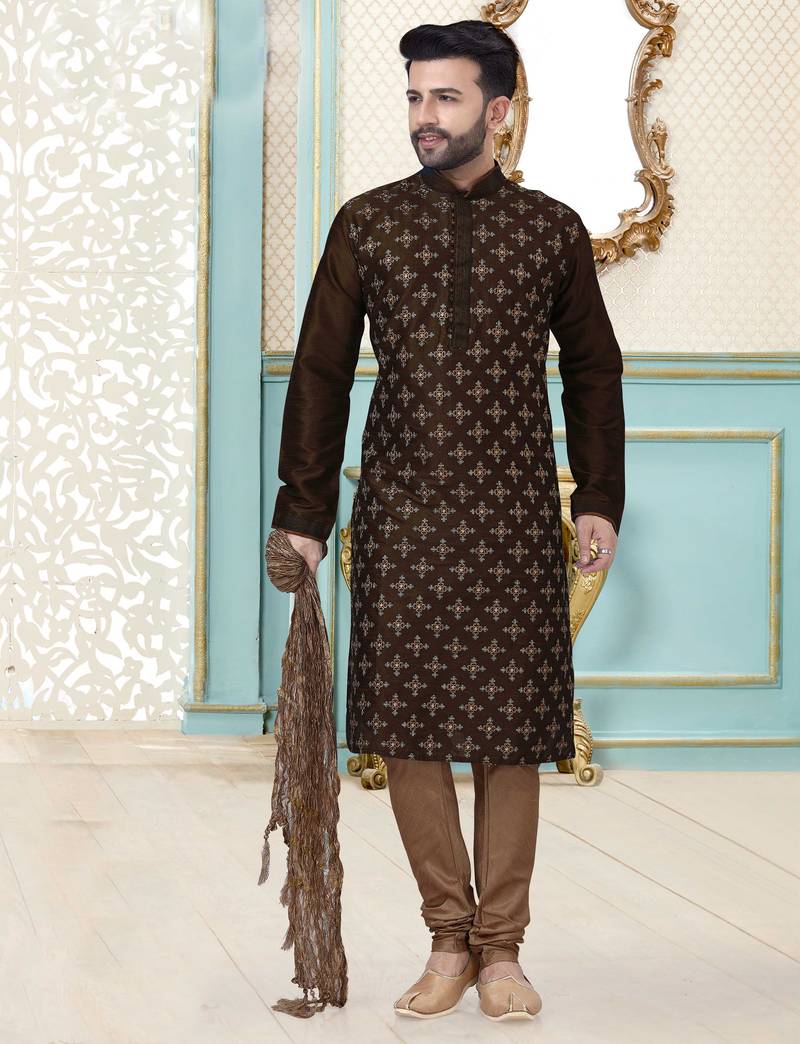 Coffee designer festive wear dupion silk kurta-pajama