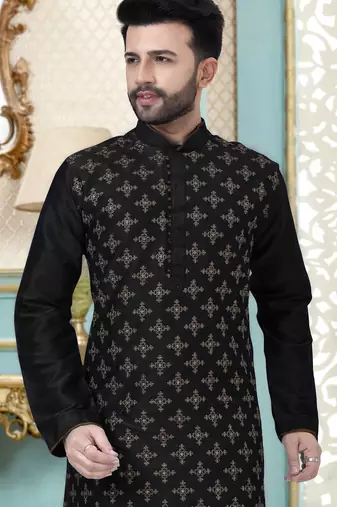 Black designer festive wear dupion silk kurta-pajama