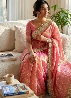 Peach Color Jari Woven Butti Work Moss Silk Saree 1