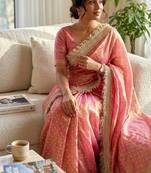 Peach Color Jari Woven Butti Work Moss Silk Saree