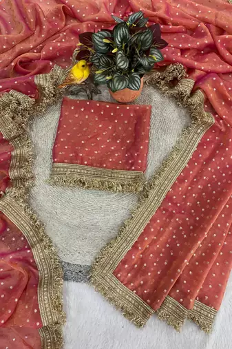 Peach Color Jari Woven Butti Work Moss Silk Saree