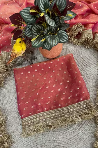 Peach Color Jari Woven Butti Work Moss Silk Saree