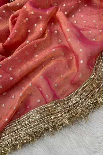 Peach Color Jari Woven Butti Work Moss Silk Saree