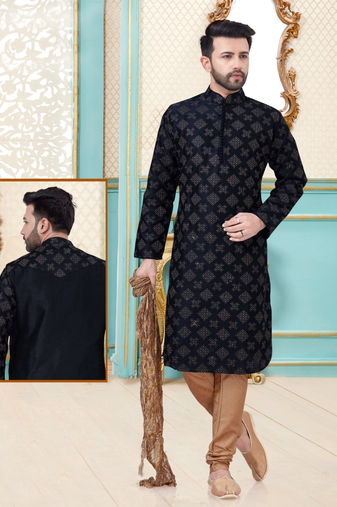 Black designer festive wear dupion silk kurta-pajama