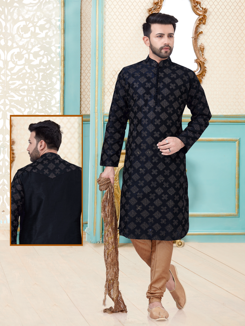 Black designer festive wear dupion silk kurta-pajama