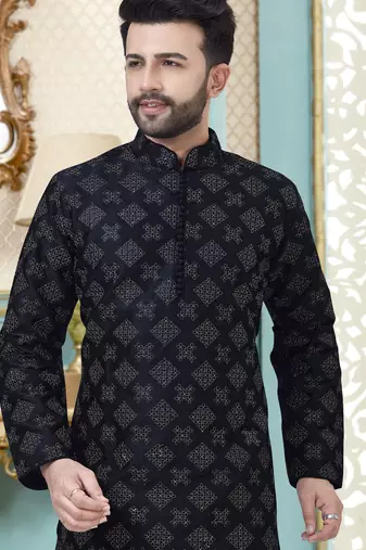Black designer festive wear dupion silk kurta-pajama
