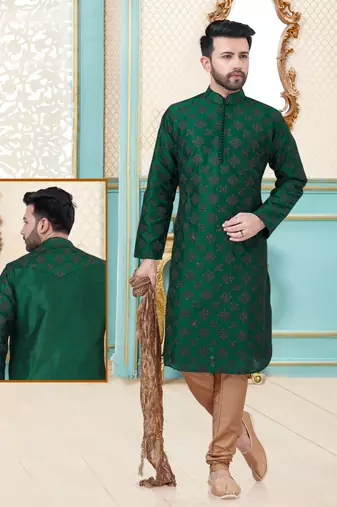 Green designer festive wear dupion silk kurta-pajama
