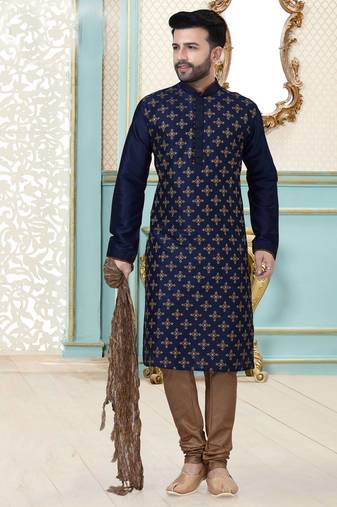 Navy blue designer festive wear dupion silk kurta-pajama