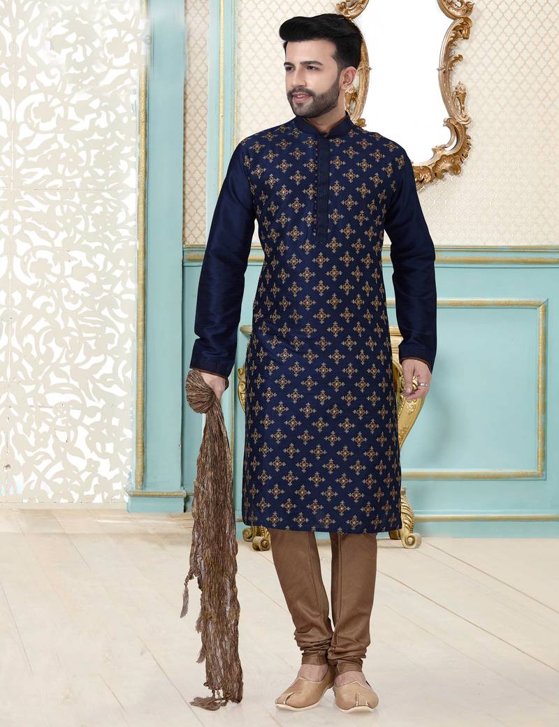 Navy blue designer festive wear dupion silk kurta-pajama