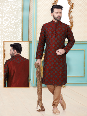Red designer festive wear dupion silk kurta-pajama 1